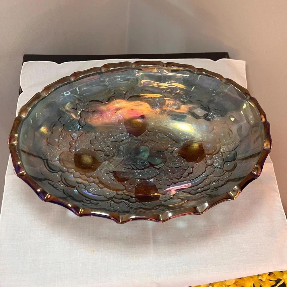 Vintage Carnival Glass Blue Iridescent Footed Fruit Bowl Harvest Pattern 12